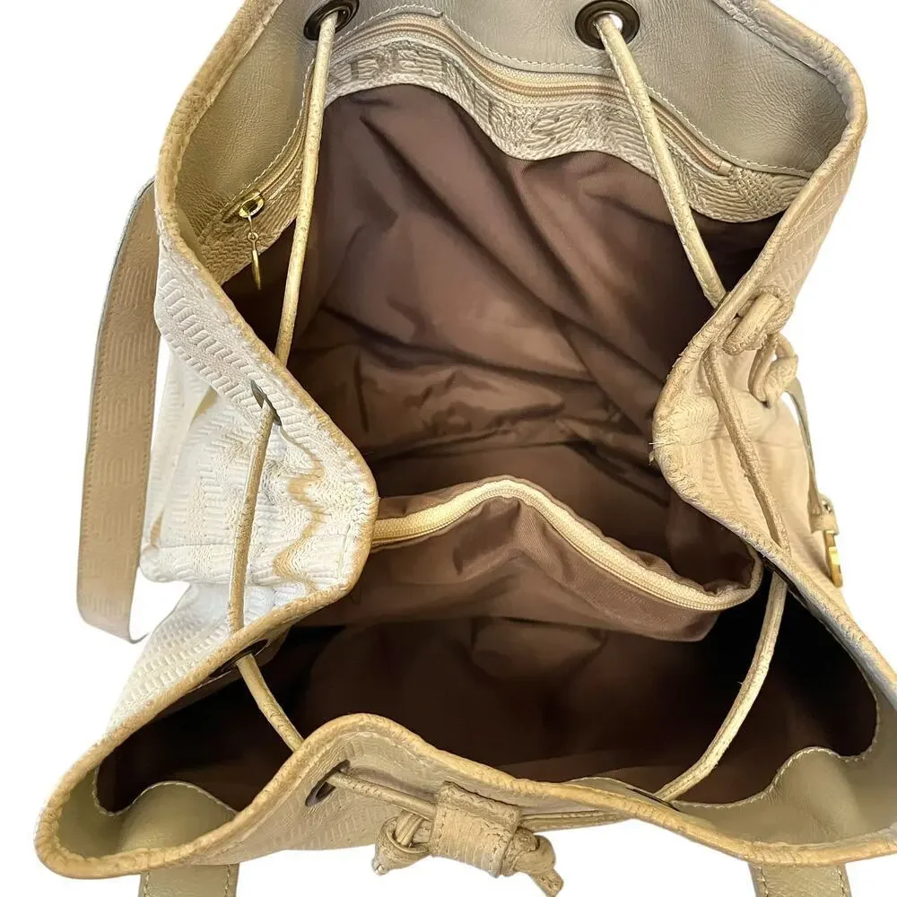 Brahmin 1980s Vintage Early Old Stock Chevron Embossed Cream Leather Bucket Bag